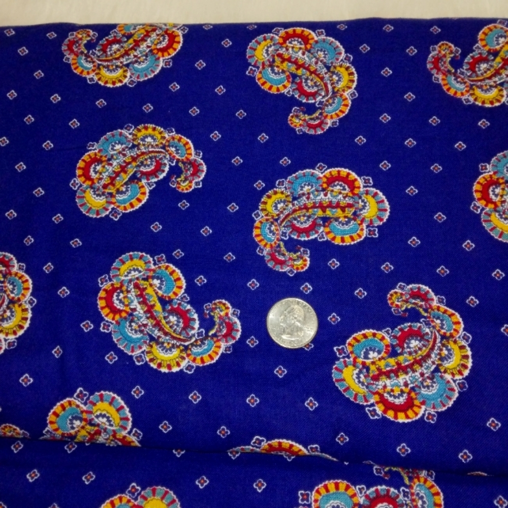 FABRIC 4 yards elaborate paisley on blue. Quarter for scale. Nice hand